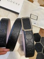 高仿皮帶古馳GUCCI雙G壓紋黑色進口牛皮腰帶3.8mm