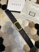 原單古馳GUCCI雙G壓紋黑色金扣進口牛皮腰帶3.8mm