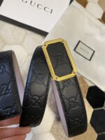 原單古馳GUCCI雙G壓紋黑色金扣進口牛皮腰帶3.8mm