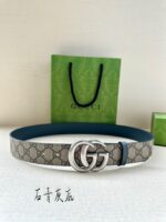 高仿古馳GUCCI新款銀扣石青灰底GG Supreme皮帶3.8cm