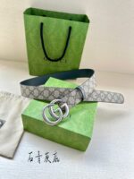 高仿古馳GUCCI新款銀扣石青灰底GG Supreme皮帶3.8cm