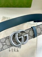 高仿古馳GUCCI新款銀扣石青灰底GG Supreme皮帶3.8cm