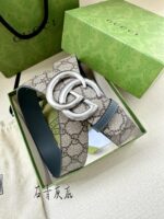高仿古馳GUCCI新款銀扣石青灰底GG Supreme皮帶3.8cm