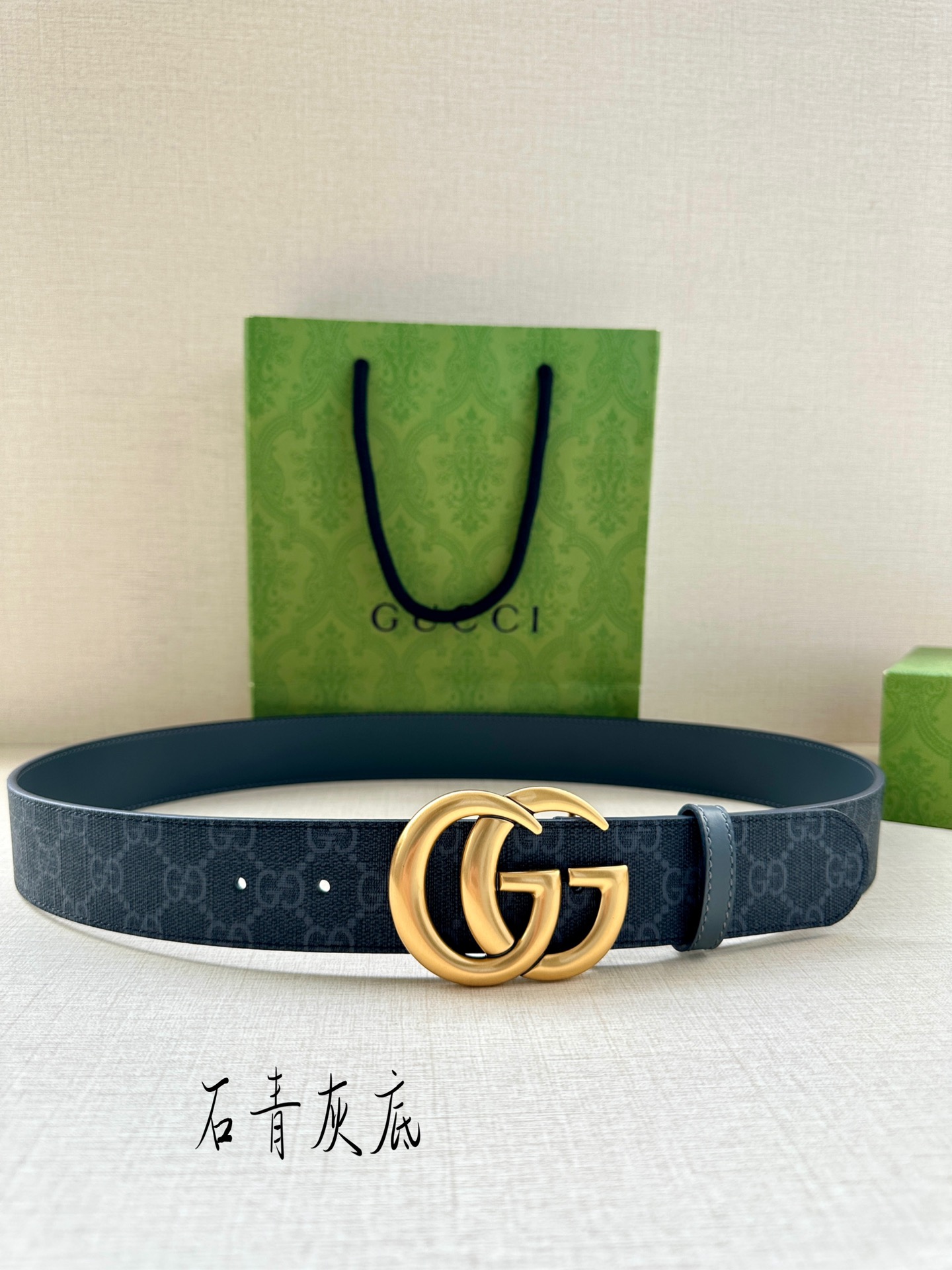 復刻古馳GUCCI新款石青灰底GG Supreme皮帶3.8cm
