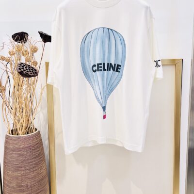復刻Celine賽琳春夏系列旅行熱氣球直噴印花重磅純棉白色T恤