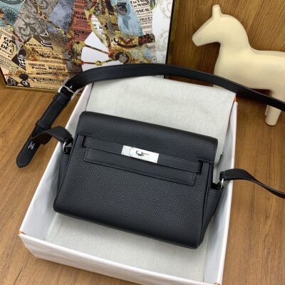 高仿Hermes愛馬仕Kelly messenger黑色銀扣郵差包