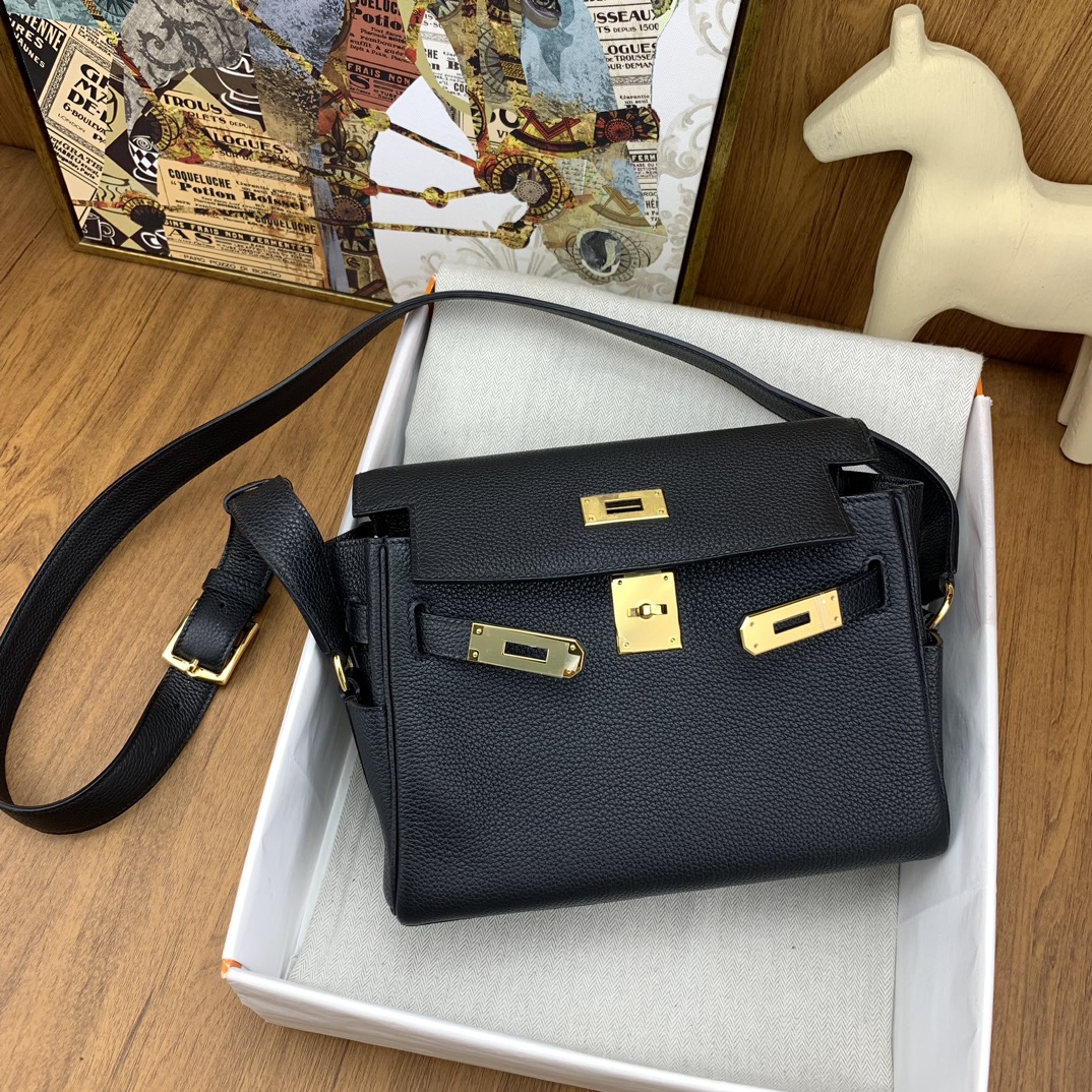 hermes202542609 (1) 原單Hermes愛馬仕Kelly messenger黑色金扣郵差包