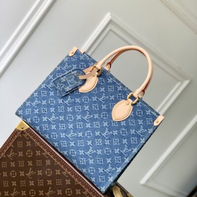 高仿LV路易威登 M46871 Onthego系列藍色丹寧牛仔布中號手袋