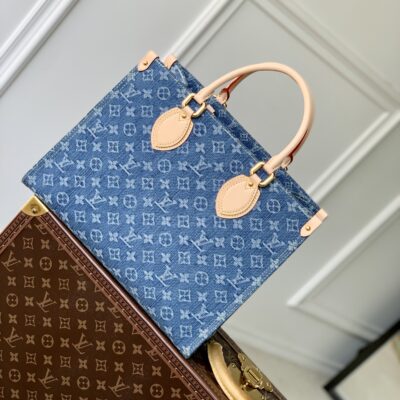 高仿LV路易威登 M46871 Onthego系列藍色丹寧牛仔布中號手袋