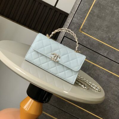 香奈兒 mini top handle 湖水藍｜一比一復刻 菱格鍊條小香包