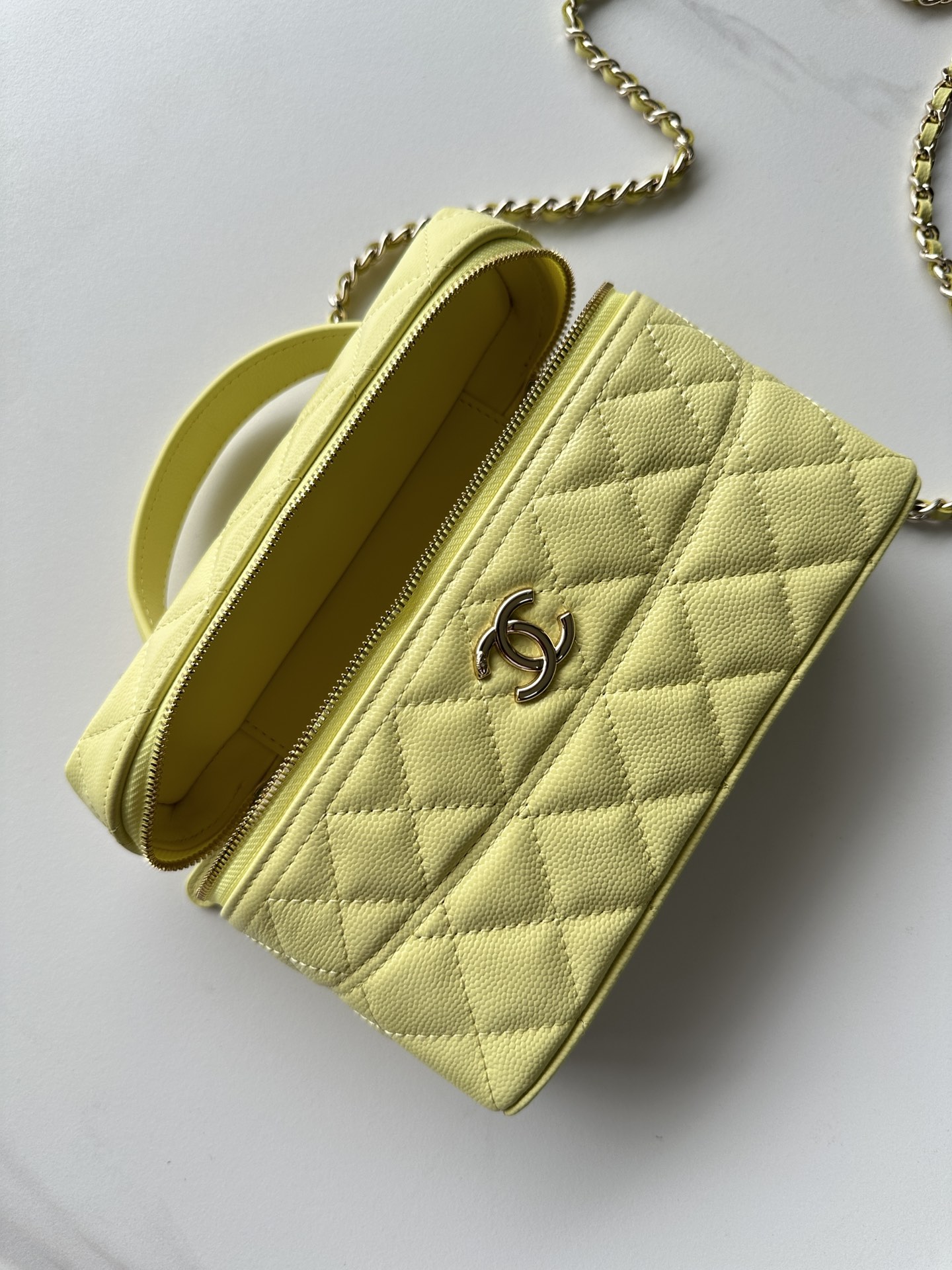 香奈兒 Vanity Case 香檸黃手提斜背包高仿精品荔枝皮革