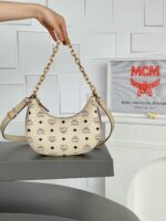 MCM 一比一Aren Hobo半月包 米白腋下斜背包 現代簡約時尚感
