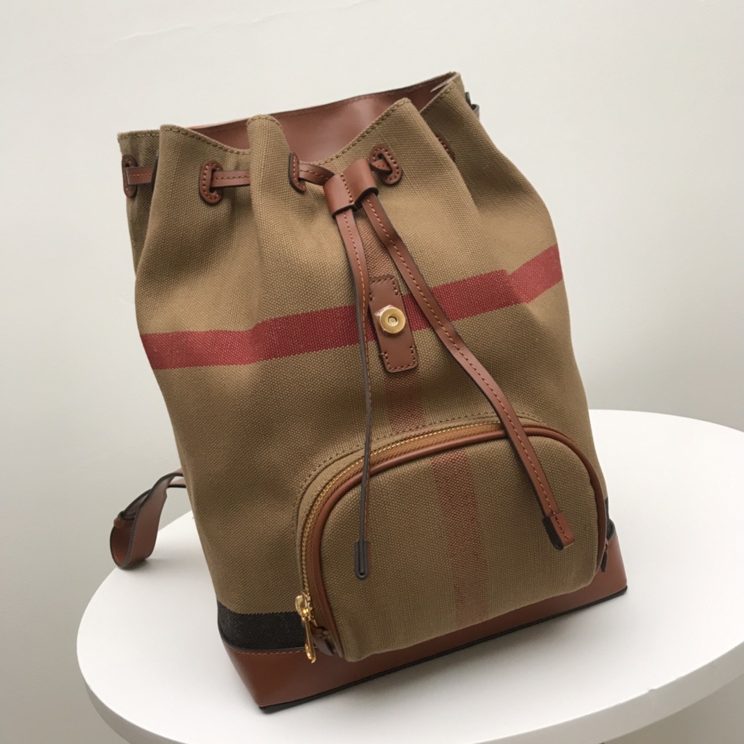 Burberry格紋帆布拼皮後背包頂級英倫風百搭書包8011155