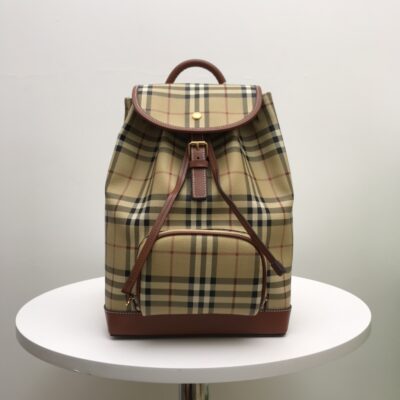 Burberry 米色格紋拼皮後背包復古英倫風原單高仿款8011155