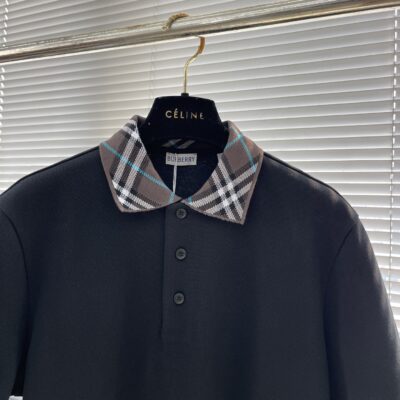 Burberry高仿黑色格紋領Polo衫推薦男款純棉短袖