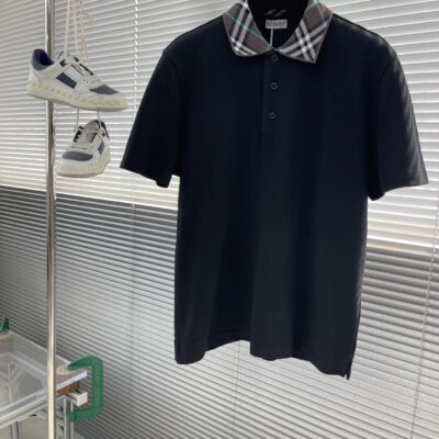Burberry高仿黑色格紋領Polo衫推薦男款純棉短袖