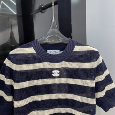 CHANEL 復刻針織條紋上衣 夏季新款雙C圖騰女士百搭短袖