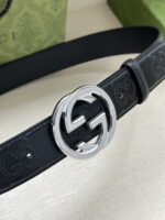 Gucci GG壓紋黑色皮帶銀扣雙G復刻精品腰帶一比一高仿男士真皮皮帶