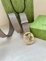 Gucci GG壓紋金扣皮帶灰色精品仿製真皮腰帶 一比一復刻男士皮帶