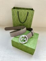 Gucci GG壓紋金扣皮帶灰色精品仿製真皮腰帶 一比一復刻男士皮帶