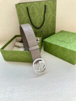 Gucci GG壓紋金扣皮帶灰色精品仿製真皮腰帶 一比一復刻男士皮帶
