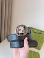 Gucci GG壓紋亮銀扣皮帶黑色精品復刻真皮腰帶一比一高仿男士款