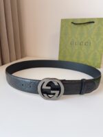 Gucci GG壓紋亮銀扣皮帶黑色精品復刻真皮腰帶一比一高仿男士款