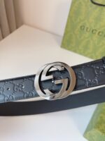 Gucci GG壓紋亮銀扣皮帶黑色精品復刻真皮腰帶一比一高仿男士款