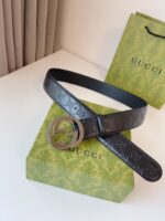 Gucci GG壓紋亮銀扣皮帶黑色精品復刻真皮腰帶一比一高仿男士款