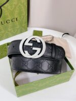 Gucci GG壓紋銀扣皮帶精品高仿復刻男款寬版真皮腰帶