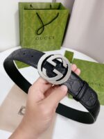 Gucci GG壓紋銀扣皮帶精品高仿復刻男款寬版真皮腰帶