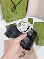 Gucci GG壓紋銀扣皮帶精品高仿復刻男款寬版真皮腰帶