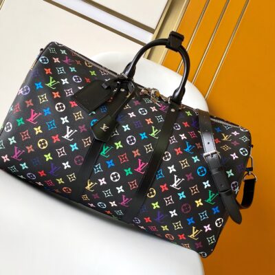 LV M13745 復刻版Keepall 50旅行袋黑彩彩虹塗層村上隆風格潮流設計