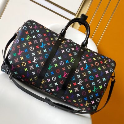 LV M13745 復刻版Keepall 50旅行袋黑彩彩虹塗層村上隆風格潮流設計