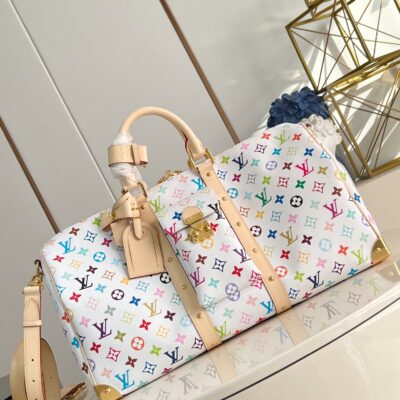 LV M13742 原單Keepall 45旅行袋白彩限量村上隆藝術再版時尚金屬細節款
