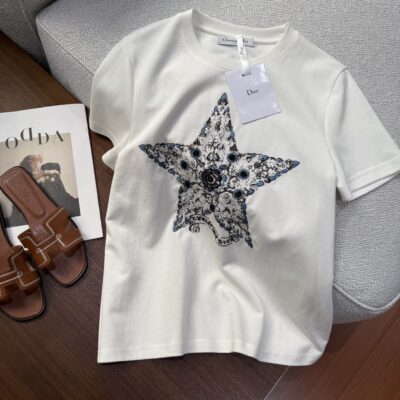 Dior 迪奧高仿 五角星訂珠刺繡短袖T恤 夏季簡約百搭 2025新款優雅上衣