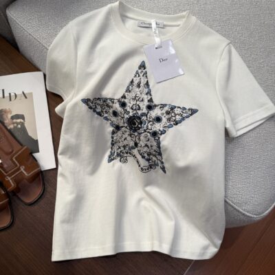Dior 迪奧高仿 五角星訂珠刺繡短袖T恤 夏季簡約百搭 2025新款優雅上衣