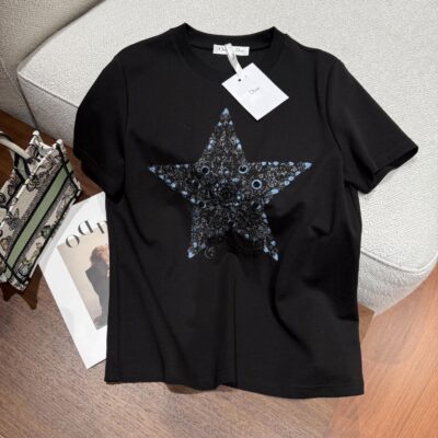 Dior 迪奧復刻五角星訂珠刺繡黑色短袖T恤 夏季簡約百搭 2025新款優雅上衣
