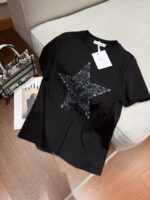 Dior 迪奧復刻五角星訂珠刺繡黑色短袖T恤 夏季簡約百搭 2025新款優雅上衣