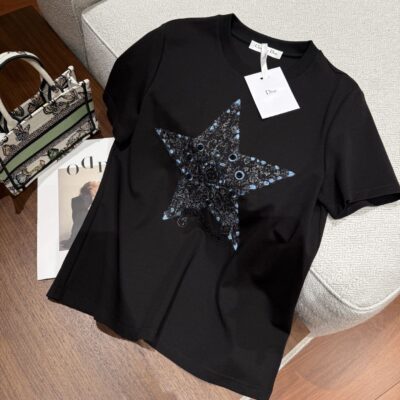 Dior 迪奧復刻五角星訂珠刺繡黑色短袖T恤 夏季簡約百搭 2025新款優雅上衣