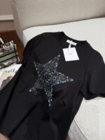 Dior 迪奧復刻五角星訂珠刺繡黑色短袖T恤 夏季簡約百搭 2025新款優雅上衣