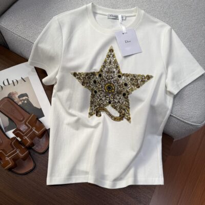 Dior 迪奧原單五角星訂珠刺繡白色短袖T恤 夏季簡約百搭 2025新款優雅上衣