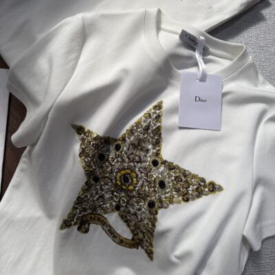 Dior 迪奧原單五角星訂珠刺繡白色短袖T恤 夏季簡約百搭 2025新款優雅上衣