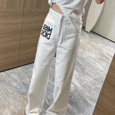 Dior 迪奧原單貨 春夏新款高腰直筒褲 法式字母白色長褲 女生顯瘦百搭款