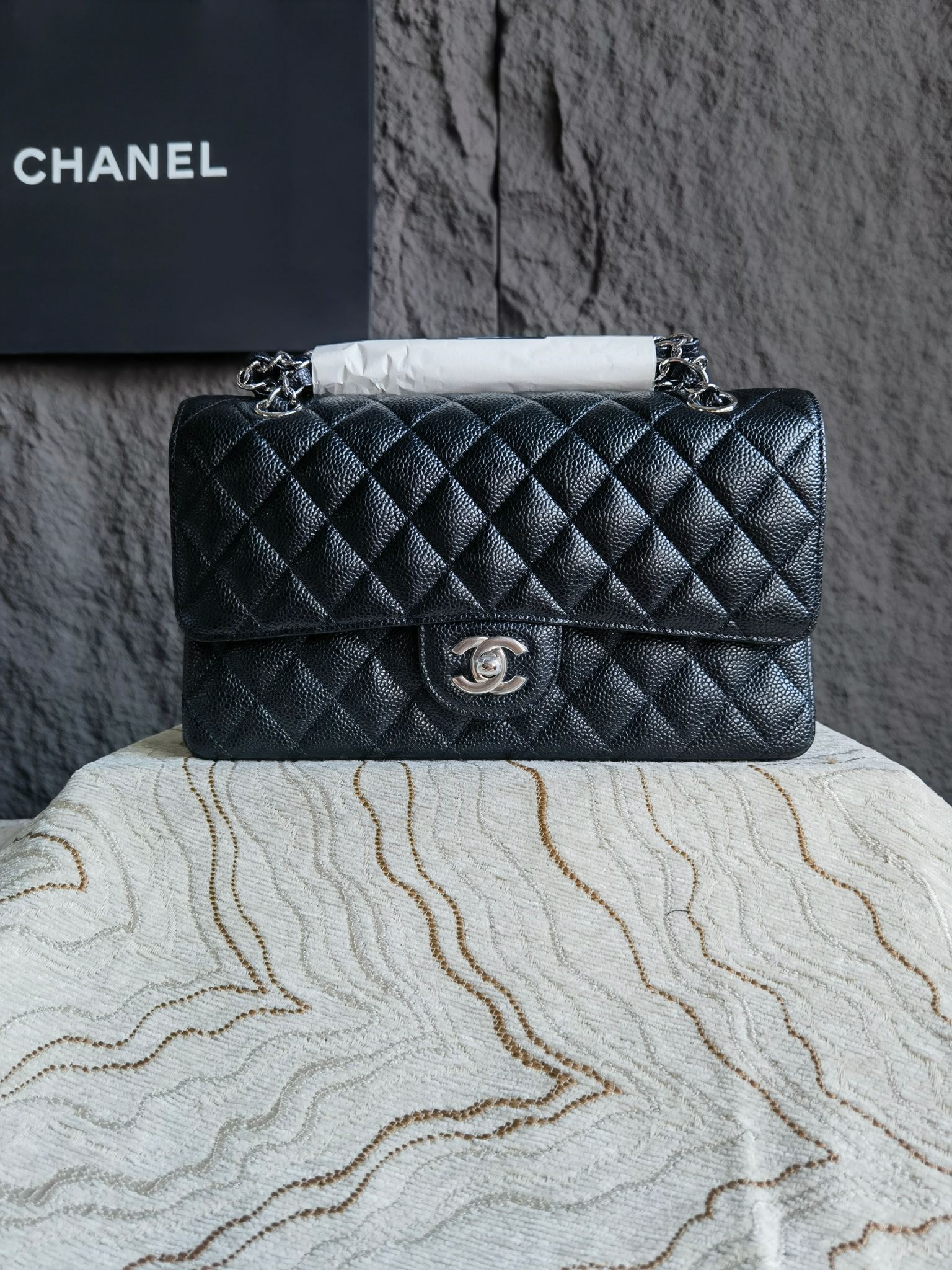 Chanel復刻版黑銀CF手提包25.5cm精鋼五金三角側面設計Haas皮時尚AS1112
