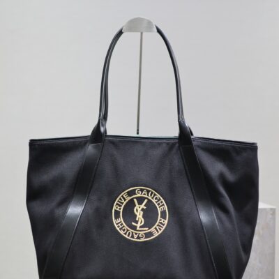 Saint Laurent原單RIVE GAUCHE刺繡牛皮購物袋黑色隨性氣質大容量設計感780096