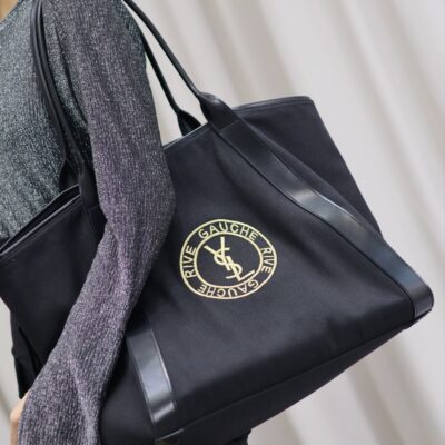 Saint Laurent原單RIVE GAUCHE刺繡牛皮購物袋黑色隨性氣質大容量設計感780096