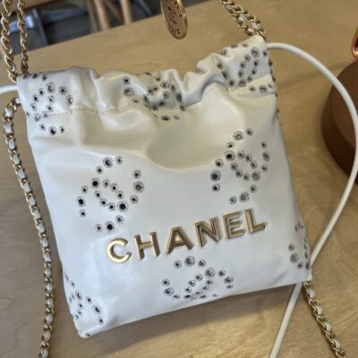 CHANEL白色22Bag 鏤空刺繡雙C迷你包 一比一精品 春夏新款AS3980