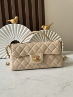 CHANEL精品仿製春夏杏色Kelly包 黑金配色中號手提斜背兩用包AS3344