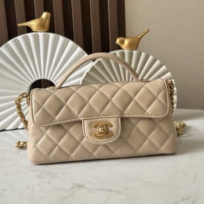CHANEL精品仿製春夏杏色Kelly包 黑金配色中號手提斜背兩用包AS3344